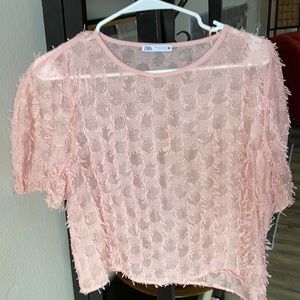 Zara Pink Textured Sheer Mid-Sleeve Blouse Shirt